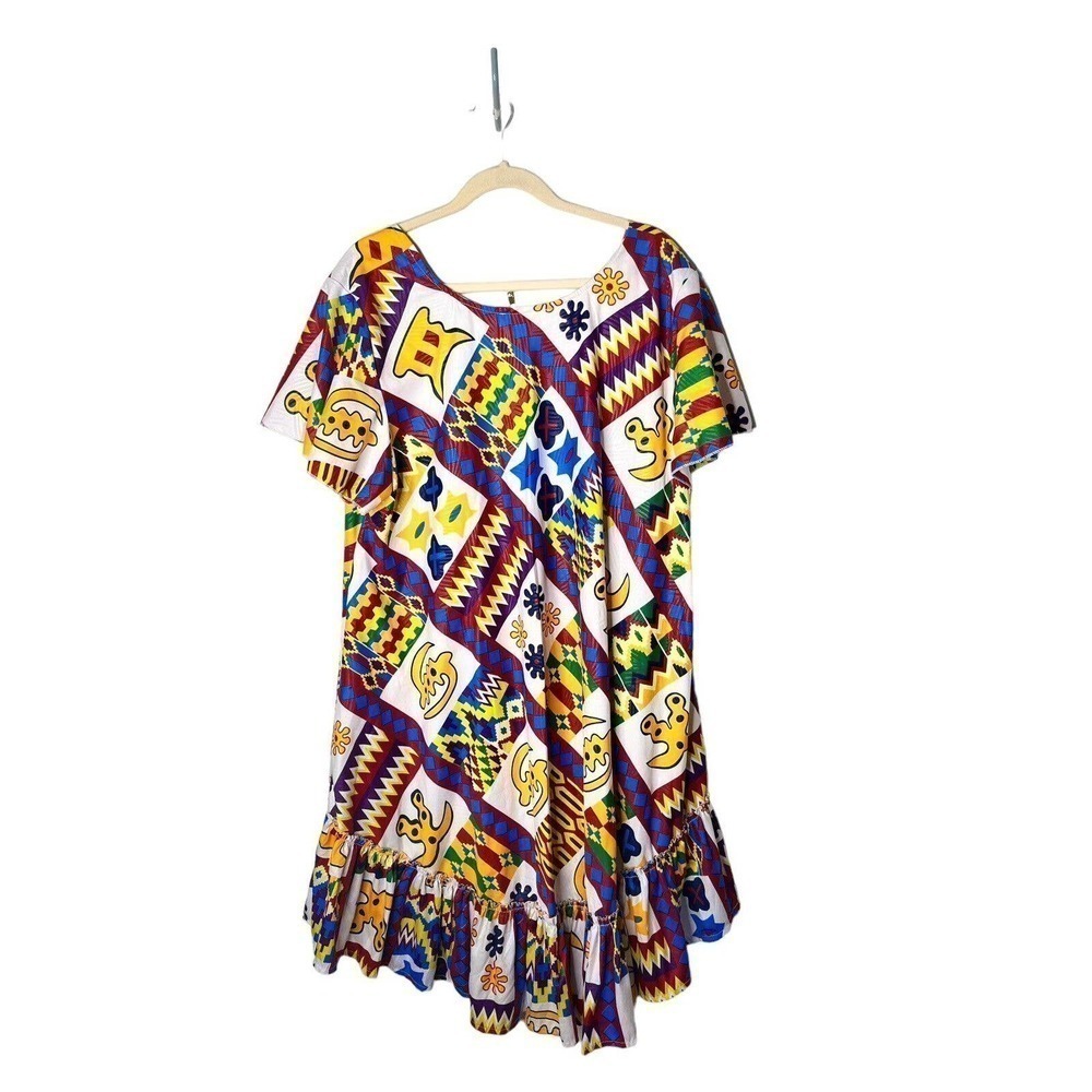 LAPOGEE Size 3X Dress Ethnic Tribal Bold Print Ruffle Hem Pockets Midi Colorful - Picture 2 of 7